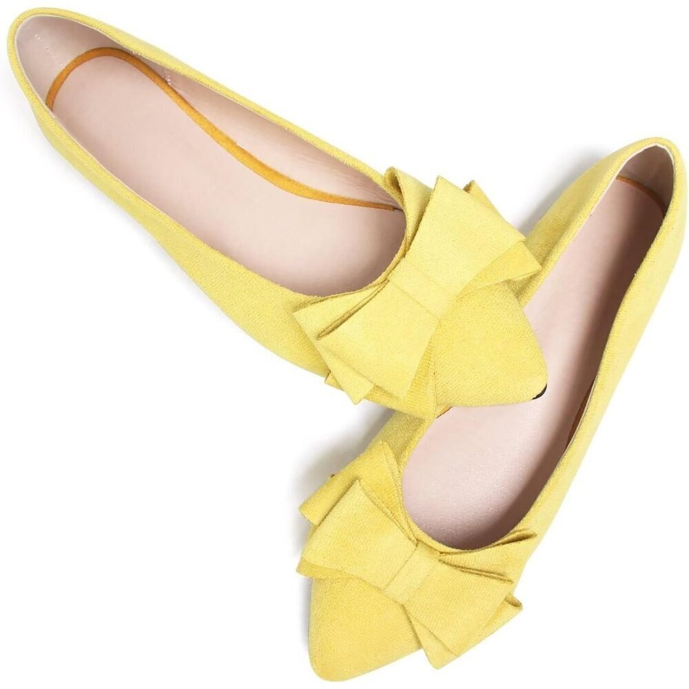 Women's Yellow Bowknot Ballet Flats Pointy Toe Casual Flat Shoes Suede - Picture 4 of 7